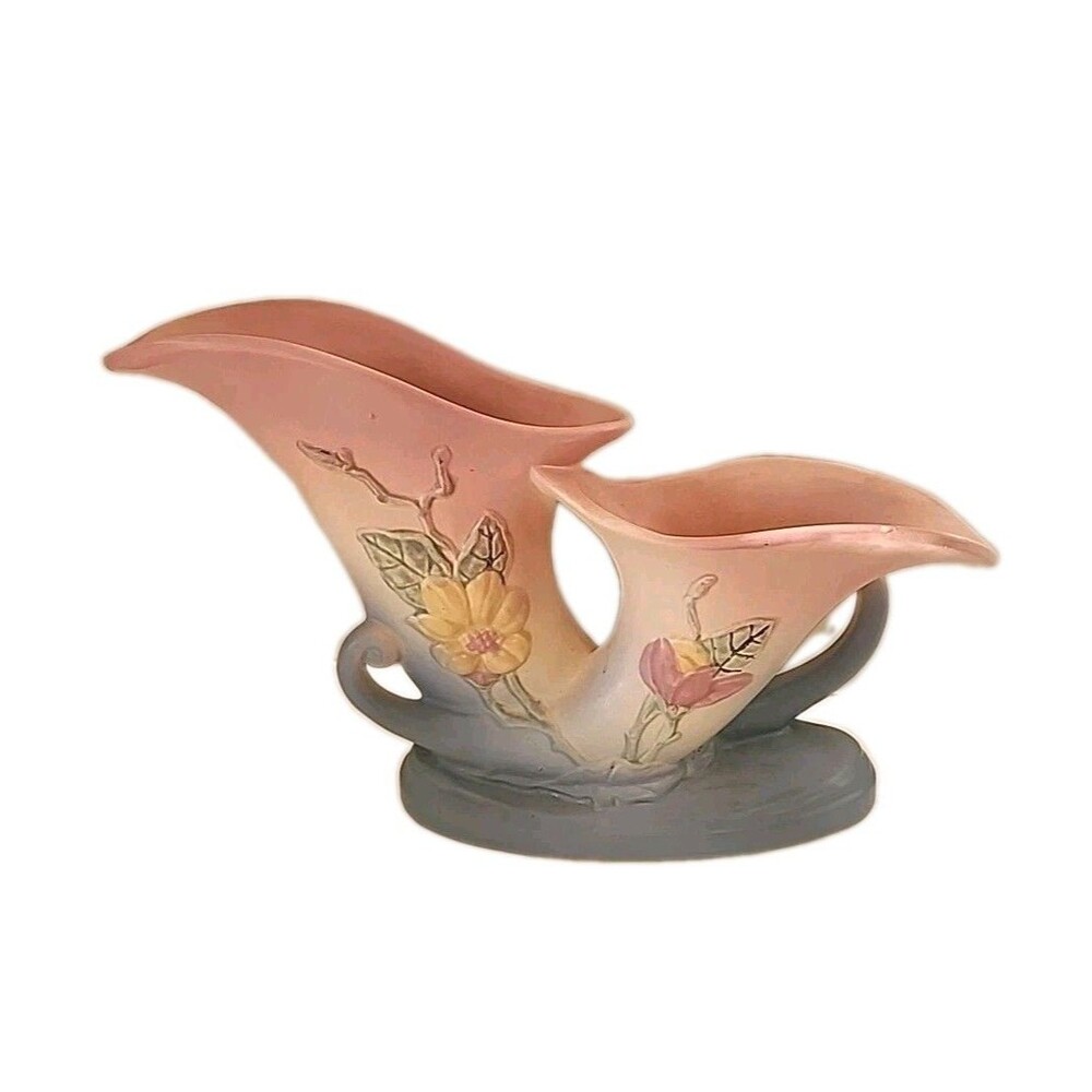 Hull Magnolia Double Cornucopia 6 - 12" Matte Vase Pottery USA Vtg MCM Pink Blue